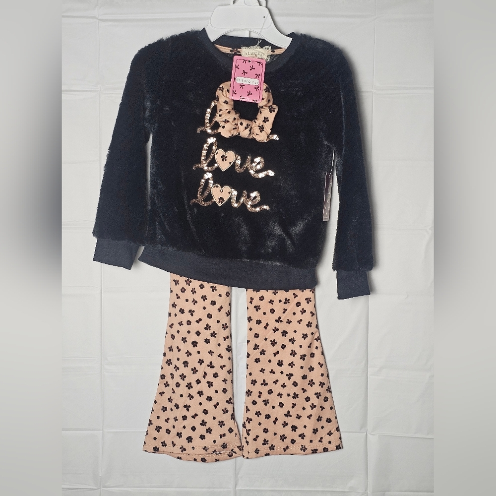 NWT Btween "LoveLoveLove" Girls Outfit Sz 6 Animal Print Black/Beige w/Scrunchy